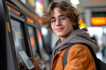 Smiling young man with smart phone standing by atm