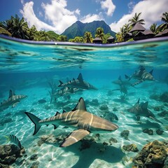 Fototapeta na wymiar Tropical island with sharks swimming in the beautiful blue ocean waters palm trees tropical island in the distance. 