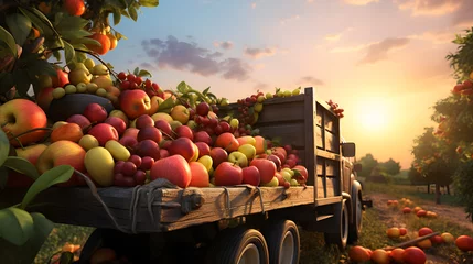 Papier Peint photo Navire Vintage truck carrying various types of fruits in an orchard with sunset. Concept of food transportation, logistics and cargo.