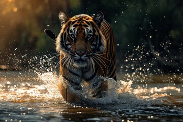 Fototapeta na wymiar Tiger walking through a shallow river creating a mesmerizing trail of splashing water with each powerful step showcasing the predator's dominance in its aquatic realm