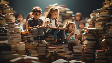 Group of children sitting on book piles and reading. Concept of education, learning, knowledge and leisure activity.