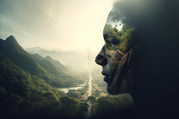 Nature, human connection with nature, environment concept. Human face silhouette made from greenery in forest background with copy space. Abstract minimalist illustration - obrazy, fototapety, plakaty
