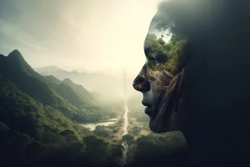 Deurstickers Nature, human connection with nature, environment concept. Human face silhouette made from greenery in forest background with copy space. Abstract minimalist illustration © Rytis