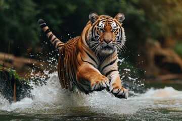 Fototapeta na wymiar Tiger's powerful leap across a river captured mid-air showcasing the athleticism and agility of this magnificent predator in a stunning display of dynamic energy