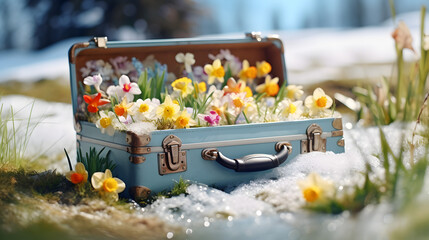 Vintage suitcase with spring flowers and blooms lying on the meadow with the rests of melting snow and grass growing. Concept of spring coming and winter leaving. - obrazy, fototapety, plakaty