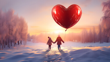 Children holding huge red Valentine heart in a snowy countryside. Concept of love, friendship, togetherness and happiness.