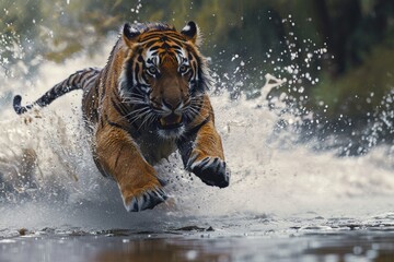 Fototapeta na wymiar Tiger's powerful leap across a river captured mid-air showcasing the athleticism and agility of this magnificent predator in a stunning display of dynamic energy