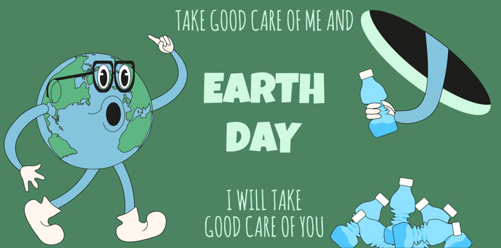 World Day Earth horizontal banner with Cartoon planet in trendy Rubber Hose style. Retro Groovy design save planet concept. Greenhouse Effect. Vector illustration for web. EPS 10 editable stroke