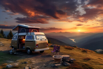 Obraz premium Camping car on mountain during holiday trip with mountain background