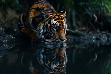 Tiger's reflection mirrored in a calm river capturing the tranquility and symmetry of nature as the majestic big cat pauses for a moment of quiet contemplation