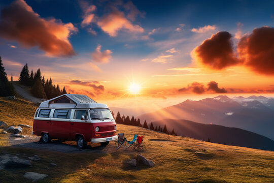 Camping car on mountain during holiday trip with mountain background