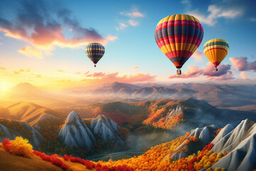 Color hot air ballon flying over mountains