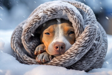 Dog sleeping in warm blanket