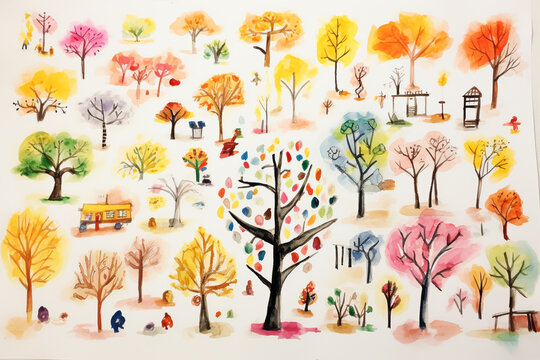 Drawing pictures of color trees by kids