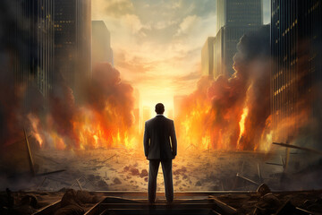 Businessman looking for destroyed building city. Economy collapses concept. Explored business.