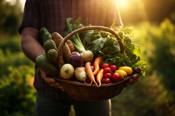 Farmer holding basket of vegetables - obrazy, fototapety, plakaty