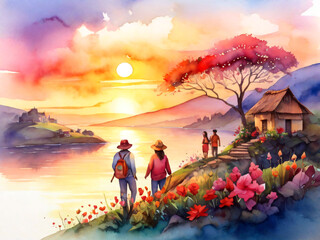 family at sunset generative Ai