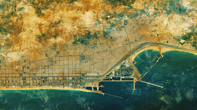 Aerial view of modern coastline city with harbor as satellite image