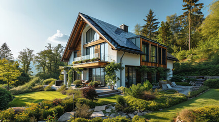 Fototapeta na wymiar Solar panels on roof of German house with garden as renewable energy concept