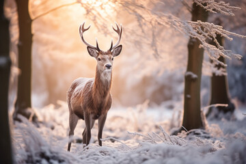 Fototapeta premium Red deer standing on frost snow in the forest