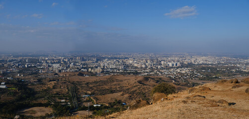 19 January 2024, Cityscape Skyline, Cityscape of Pune city Aerial panorama view from Bopdev Ghat, Pune, Maharashtra, India.