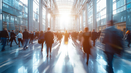 Blurred business people crowd walking in modern conference center or trade fair - obrazy, fototapety, plakaty