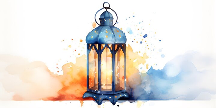 Arabic lantern Light Lamp watercolor illustration. oil painting Islamic Ramadan Kareem, iftar festival or Eid Mubarak banner background