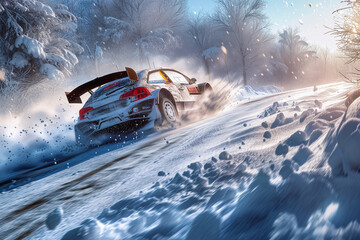 ラリーカーが雪を舞い上げながら雪道を力強く駆け上がっているシーン