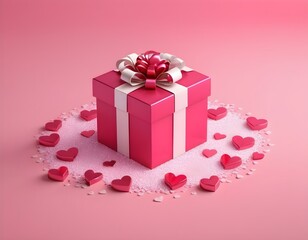 Pink gift box with pink bow on pink background with red hearts