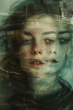 Woman's Face Grunge Photocopy Double Exposure Dissociation Emotion