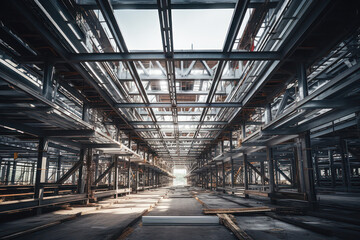Deserted industrial warehouse interior with a symmetrical array of steel beams and sunlight streaming in