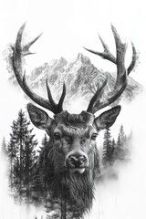 Enigmatic Deer Double Exposure with Misty Mountains