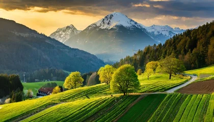 Foto op Canvas Radiant hues dance on alpine meadow, a breathtaking sunset spectacle.   panorama of the mountains in the morning © VIJAI
