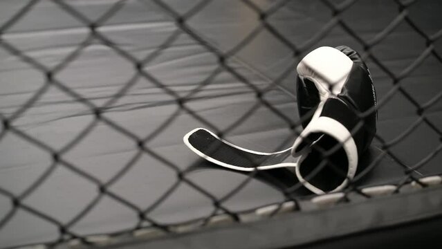 One boxing glove lies on the sports floor behind the octagon mesh. 4K view on sport concept background