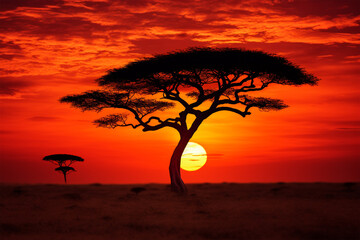 Silhouette photo of African trees at sunset in the savanna