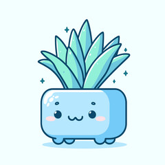 Cute green succulent plant in a blue pot, kawaii house plant, vector illustration in cartoon style, generative ai
