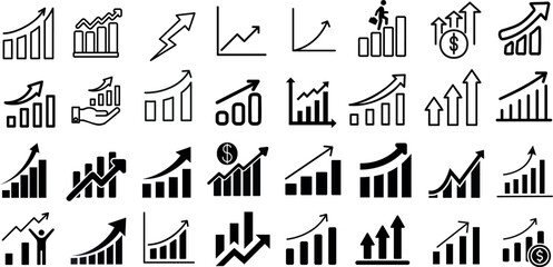 Growth, profit, business vector icons. Black linear graphs, charts representing market trends, finance analytics. Perfect for economic forecasts, trend analysis visuals