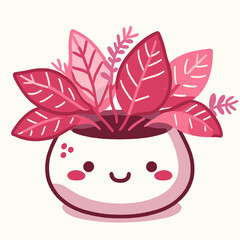 Cute kawaii plant in a pot, floral red leaf house plant, kawaii graphic icon vector illustration, generative ai
