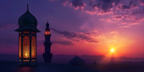 Islamic Ramadan Kareem, iftar festival or Eid Mubarak banner background with hanging Arabic lanterns with Mosque Silhouette dome in Panoramic twilight view