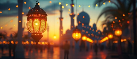 Islamic Ramadan Kareem, iftar festival or Eid Mubarak banner background with hanging Arabic lanterns with Mosque Silhouette dome in Panoramic twilight view