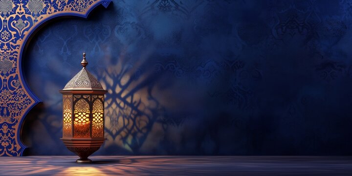 Arabic lanterns Light Lamp with dark blue grungy backdrop. Islamic Ramadan Kareem, iftar festival or Eid Mubarak banner background