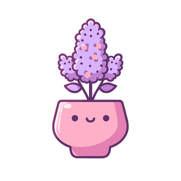 Cute purple hyacinth in a smiley flowerpot, Vector illustration, kawaii cute plant icon, generative ai