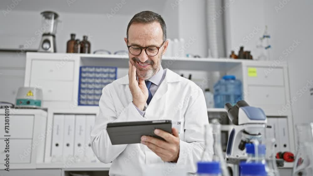 Wall mural Confident middle-aged man with grey hair, smiling at his scientific breakthrough in the laboratory, using touchpad amidst tubes and glasses