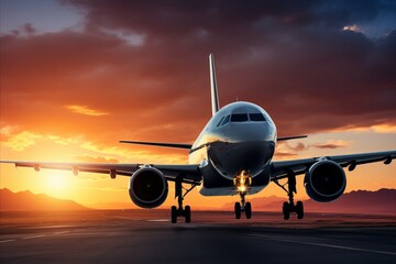 Panoramic sunset sky with airplane in majestic flight