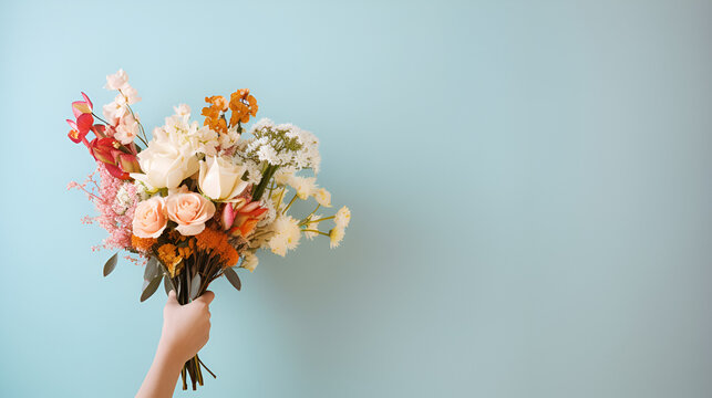 Female hand with bouquet of beautiful flowers on isolated background, generative ai