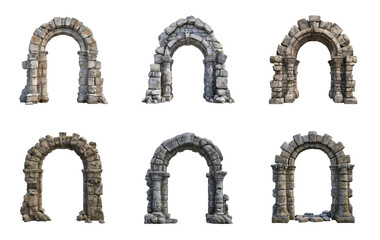 Set of ancient stone arch gateways, isolated