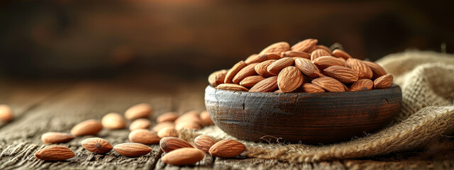 A rustic scene of almonds in a handcrafted wooden bowl on a textured table, complemented by burlap fabric.
