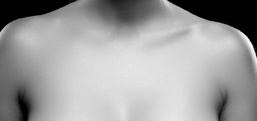 Female body part, breast and neck, cleavage. Monochrome