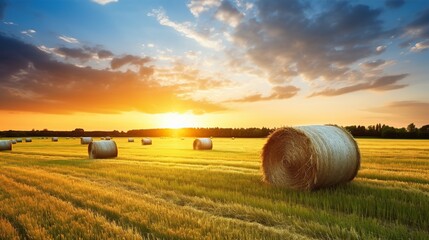 large rolls of hay in the field after harvest. rural landscape with rolled hay in ripe wheat field.sunset,sunrise background