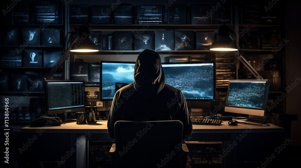 Poster rear view of a hacker in a black hood working in a dimly lit room, a server room. cybercrime, illega